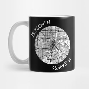 Houston Coordinates (latitude and longitude) in white text around map of H-Town, Texas Mug